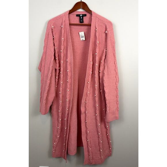 Ashley Stewart Blush Chenille Long Open Front Cardigan Pearl Accent 18/20 NWT - Picture 1 of 12